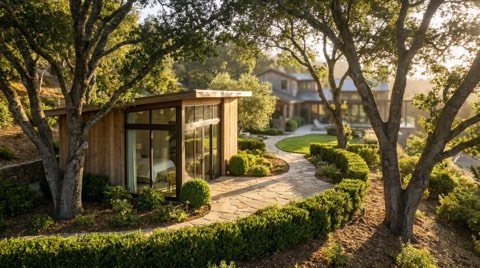 A modern guest house tucked behind a hillside Bel Air estate, connected by a garden path lined with mature oak trees