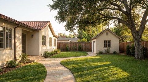 A traditional Beverlywood home's backyard with a small detached ADU guest house near the back fence in late afternoon light