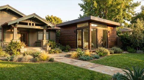 A modern accessory dwelling unit in a backyard behind a Culver City bungalow, illustrating ADU potential.