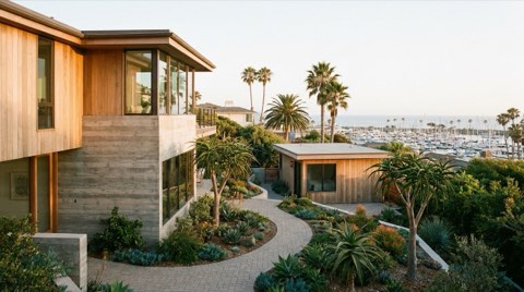 A hillside single-family home with a small detached guest unit in the backyard, marina view in the distance