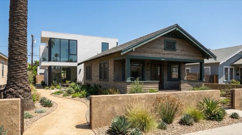 A classic Venice beach bungalow with a small modern accessory dwelling unit tucked in the back garden