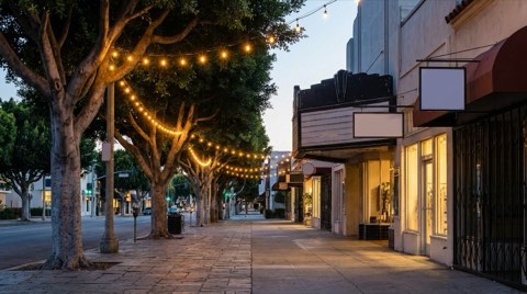 A tree-lined boulevard near Beverlywood at dusk with warm lights along a row of small storefronts