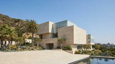 Travertine stone architecture of a hillside museum building overlooking Los Angeles