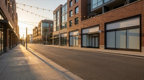 The Culver City downtown arts district at golden hour, lined with gallery storefronts and string lights.