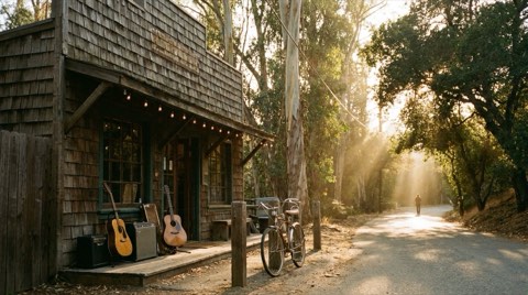 A rustic wood-shingled canyon building tucked among tall trees on a narrow Laurel Canyon road, lit by warm golden hour sunlight