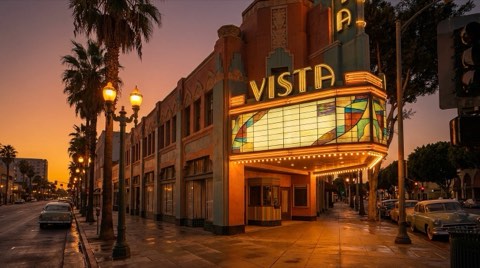The Art Deco facade of a 1930s theater in the Los Feliz village glowing at golden hour