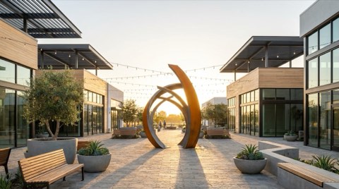 An outdoor plaza in a modern master-planned community with a contemporary sculpture, overhead string lights, and clean-lined glass buildings in late afternoon light.