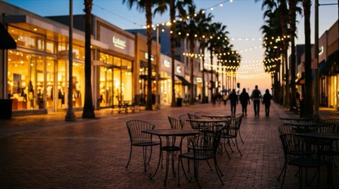 Third Street Promenade in Santa Monica at dusk with string lights and palm trees