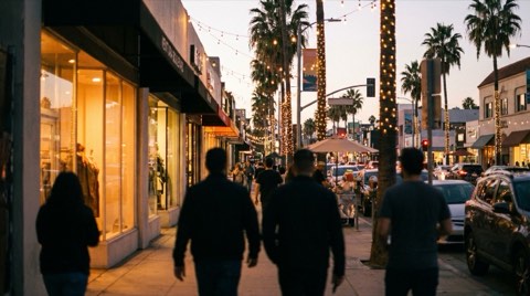 Ventura Boulevard in Studio City at dusk with warm string lights along a walkable shopping and dining strip
