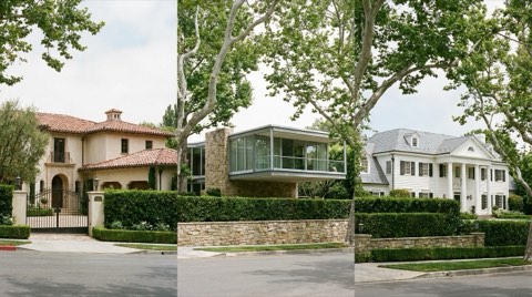 A row of Bel Air estate facades showing Mediterranean, mid-century modern, and traditional architectural styles