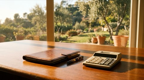 A sunlit home office desk with a closed folder, pen, and calculator, overlooking a blurred Bel Air hillside garden