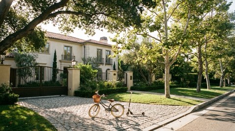 A child's bicycle and scooter on a driveway in front of a gated family home on a tree-lined Bel Air street