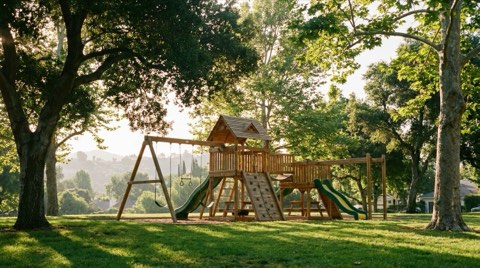 A quiet neighborhood park near Bel Air with a wooden playground structure and shade trees in soft morning light