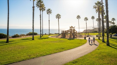 A sunny Santa Monica park with palm trees, a playground, and a walking path near the ocean bluff
