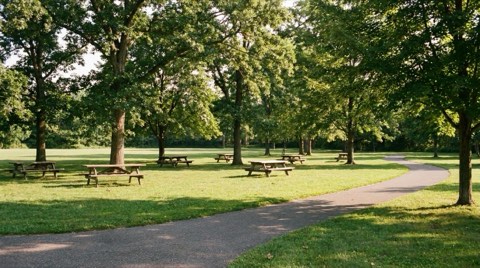 A neighborhood park with shaded picnic tables and a grassy lawn.