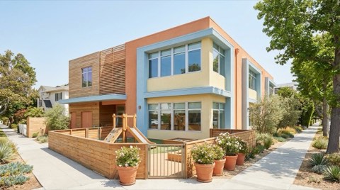 A cheerful low-rise preschool building exterior near Westwood with a small fenced outdoor play area and playground equipment