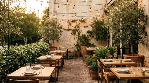 A cozy outdoor restaurant patio near Beverlywood with string lights at early evening