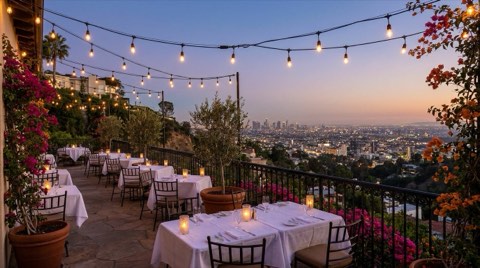 An empty outdoor restaurant terrace with string lights and candlelit tables overlooking twinkling Los Angeles city lights at dusk