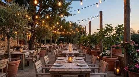 An empty outdoor restaurant patio strung with string lights at dusk in Mar Vista