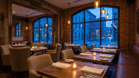 A warm, candlelit upscale restaurant interior in the evening with exposed brick and wood tones