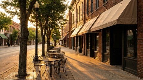 A walkable restaurant strip with outdoor cafe tables lit by string lights at golden hour.