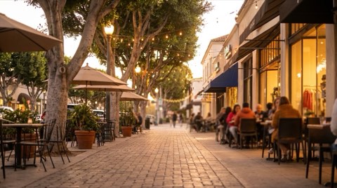 A Westwood Village dining street at golden hour with string lights and sidewalk cafe tables under umbrellas
