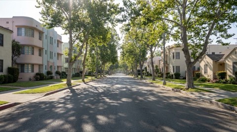 A tree-lined residential street with historic Art Deco apartment buildings and homes in soft morning light