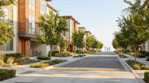 A tree-lined residential street of modern townhomes with landscaped front walks, wide sidewalks, and parked bikes in soft morning light.