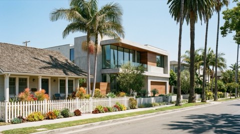 A tree-lined Venice street with a classic bungalow beside a modern architectural rebuild