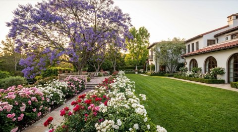 A Bel Air estate garden in full spring bloom with flowering jacaranda and rose bushes beside a manicured lawn