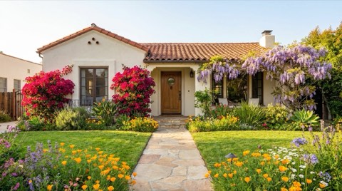 A traditional Beverlywood home exterior with a blooming spring garden and fresh lawn in bright daylight
