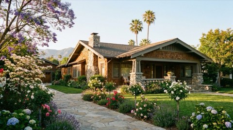 A 1920s craftsman home exterior with a manicured lawn and blooming spring flowers in warm golden-hour light