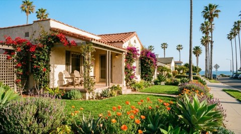 A sunny spring bungalow with blooming bougainvillea and fresh green landscaping in a small beach town