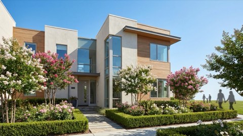 A modern townhome exterior with a manicured front yard in full spring bloom, flowering trees and shrubs under a bright clear sky.