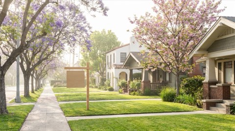 A quiet tree-lined residential street in Santa Monica's North of Montana neighborhood in spring bloom