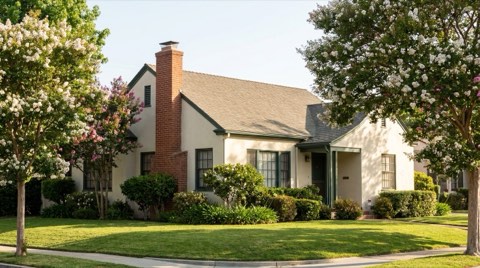A well-kept traditional home with spring blossoms in the front yard on a quiet morning.