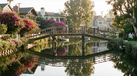A Venice Canals footbridge surrounded by blooming bougainvillea in spring light