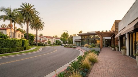 Residential hedges transitioning into a walkable urban storefront street