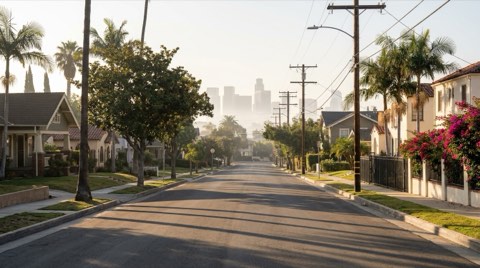 A quiet Beverlywood residential street at early morning with the distant Los Angeles skyline on the horizon