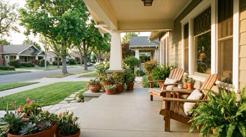 A welcoming front porch of a traditional Beverlywood home in warm afternoon light