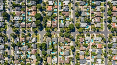 An aerial view over the rooftops of Beverlywood showing its grid-pattern residential blocks