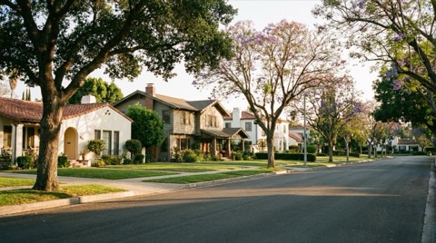 A quiet tree-lined residential street with traditional homes at golden hour