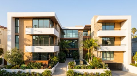 Exterior of a modern low-rise condominium complex with a landscaped courtyard entrance