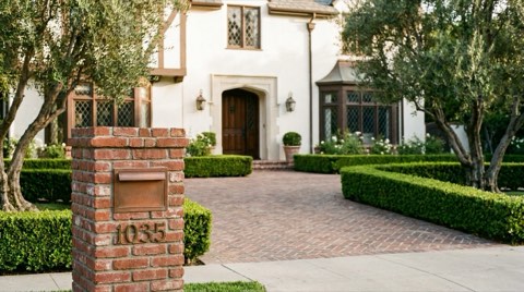 A brick mailbox post and paved driveway leading to a stately two-story home entrance