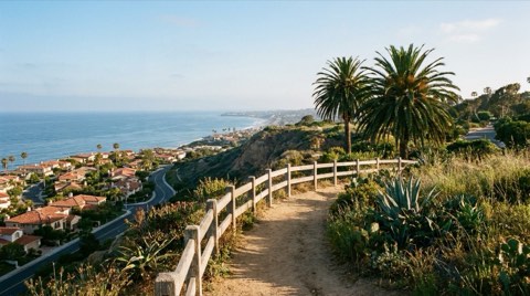 A coastal bluff overlook where a Los Angeles canyon neighborhood meets the Pacific coastline