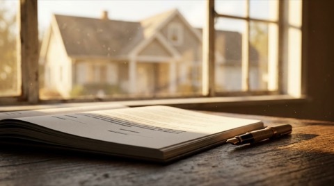Real estate contract and pen on a table with a blurred home exterior in the background