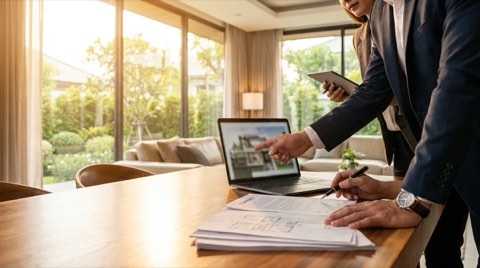 Two professionals reviewing real estate documents together at a bright table