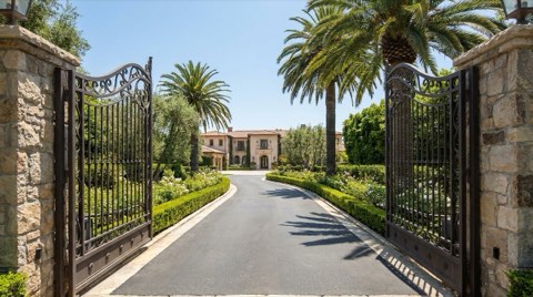 A grand Bel Air estate entrance with tall wrought iron gates and a private driveway curving through mature landscaping