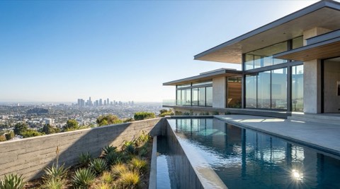 A modern glass-walled hillside home with an infinity pool overlooking a sweeping panoramic view of the Los Angeles basin at midday