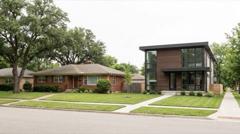 An original ranch home next to a modern infill house on the same Mar Vista street